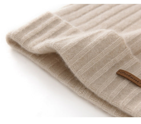 Unisex 100% Pure Cashmere Ribbed Knitted Beanie Cuffed Hat with Logo Patch