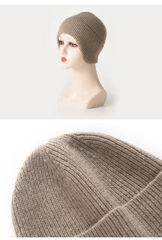 Extended Brim Winter Hat 100% Cashmere Ribbed Beanie