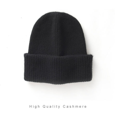 Double-Layer Thickened Cap Warm Knitted Ribbed Pure Cashmere Beanie Hat