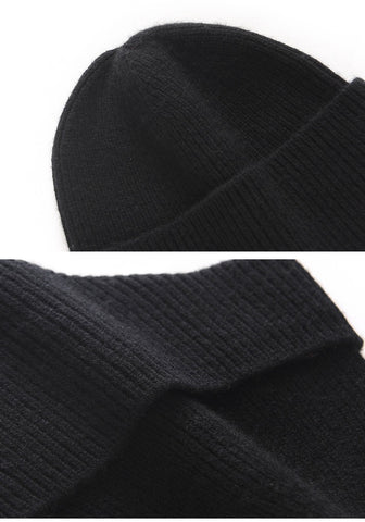 Extended Brim Winter Hat 100% Cashmere Ribbed Beanie