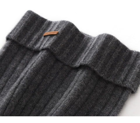Unisex 100% Pure Cashmere Ribbed Knitted Beanie Cuffed Hat with Logo Patch
