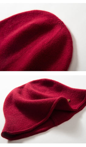 100% Pure Cashmere French Winter Warm Knitted Bucket Hat for Women