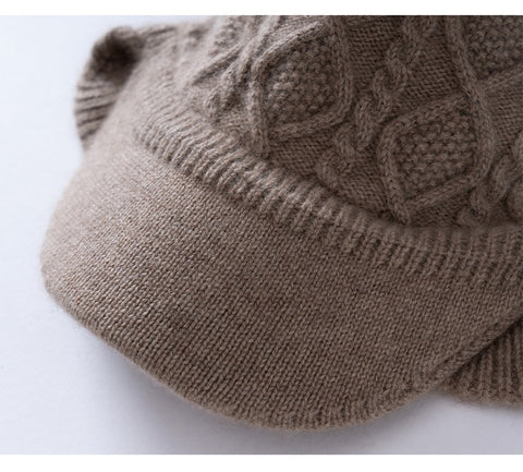 100% Cashmere Cable-Knit Baseball Cap with Visor Winter Beret