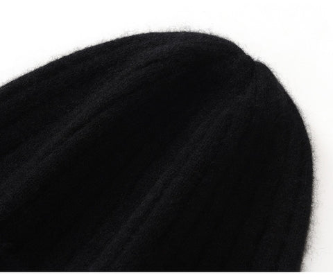Unisex 100% Pure Cashmere Ribbed Knitted Beanie Cuffed Hat with Logo Patch