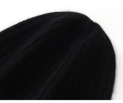 100% Cashmere Ribbed Knitted Beanie Cuffed Hat with Logo Patch