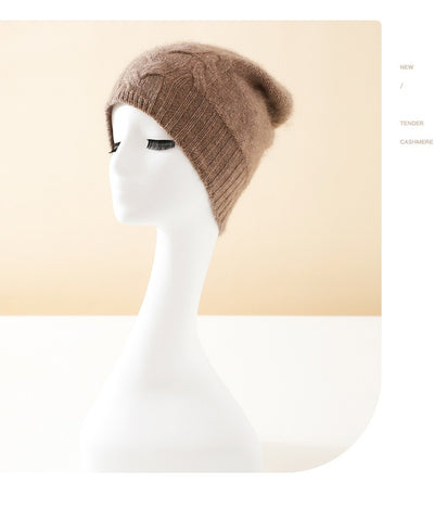 100% Pure Cashmere Hat Warm Winter Knitted Twisted Flower Cap Beanies
