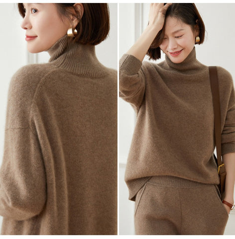 Casual Loose Turtleneck Pullover Cashmere Thick Mock Neck Sweater For Winter