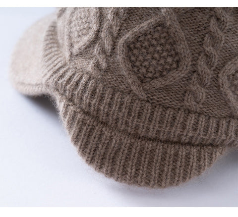100% Cashmere Cable-Knit Baseball Cap with Visor Winter Beret