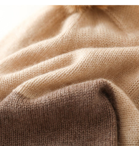 Two-Tone Ribbed Knit Cashmere Beanie with Fur Pom Pom