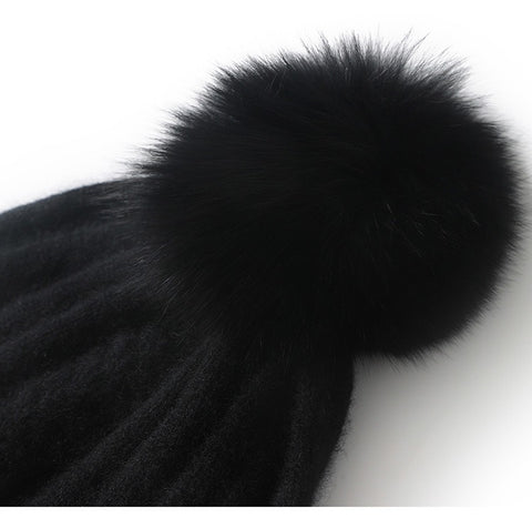 100% Cashmere Ribbed Chunky Knit Beanie with Pom-Pom for Women