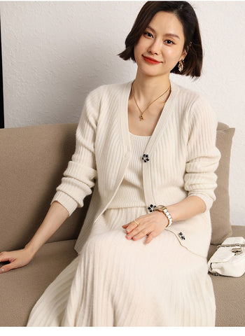 Ribbed V-Neck Slim Striped Ladies Knit Sweater Cashmere Wool Cardigan