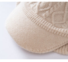 100% Cashmere Cable-Knit Baseball Cap with Visor Winter Beret