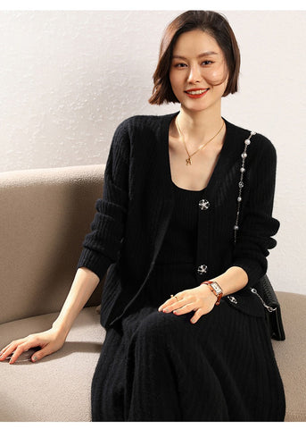 Ribbed V-Neck Slim Striped Ladies Knit Sweater Cashmere Wool Cardigan