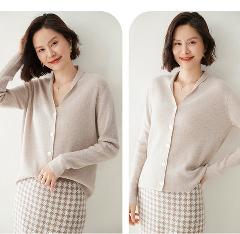 V-Neck Plain Minimalist Button-Up Knit Cardigan Sweater for Women