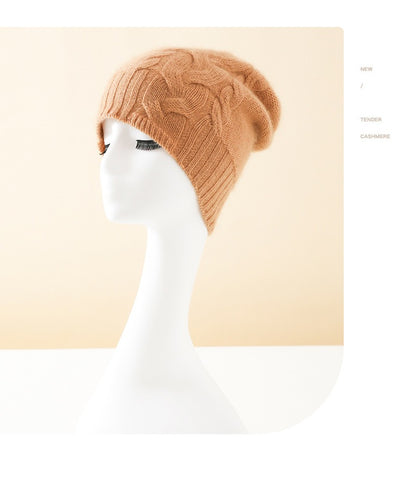 100% Pure Cashmere Hat Warm Winter Knitted Twisted Flower Cap Beanies