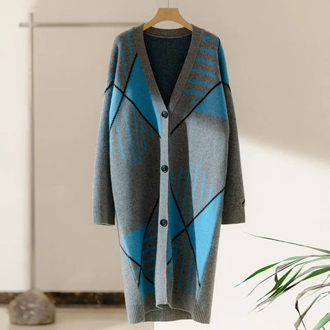 100% Cashmere Long Loose Cardigan for Women Geometric Knit Button Sweater Coat