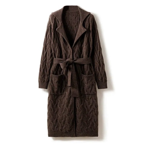 Casual Loose Knitted Coat Long Cable-Knit Cashmere Cardigan with Belt