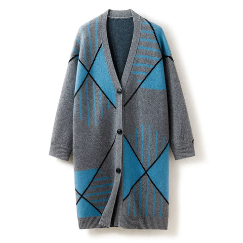 100% Cashmere Long Loose Cardigan for Women Geometric Knit Button Sweater Coat